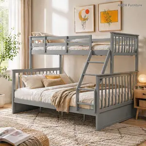 Solid Pine Twin Over Full Multi-Child Bunk Bed - Easy-to-Assemble, with Ladder, Safety Rail, Gray Finish, Fits Twin/Full Mattresses, Multi-Child Beds