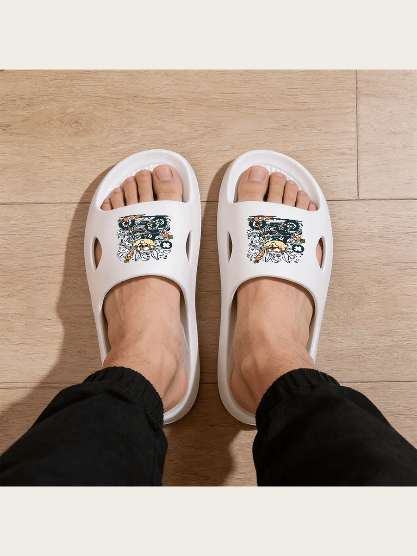 Biker Rabbit Cartoon Slippers for Men Women Funny Motorcycle Carrot Print Comfortable Non Slip Indoor Home Shoes Cute Animal Design Casual Daily Slippers Lightweight Soft Sole Footwear
