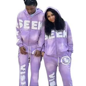 Five-Pointed Star Letter Patchwork Printing Retro Cardigan Coat Casual Loose Straight Pants Men Women Suit Can be used with raincoat