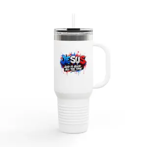 40oz Insulated Travel Mug — 'Jesus God Is Good All The Time' Colorful Faith Tumbler