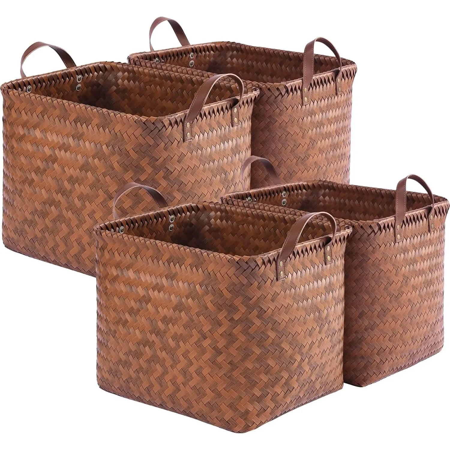 4-Pack Brown Rustic Rectangular Woven Wicker Rattan Laundry Baskets - 15x13x13in Waterproof Storage Baskets for Clothes, Blankets, Suitable for Bedroom Wardrobe Shelves, Four-Pack