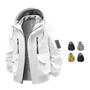 Men’s hooded outdoor softshell jacket, fleece-lined, thick and warm cotton, double-layer windproof, casual waterproof design