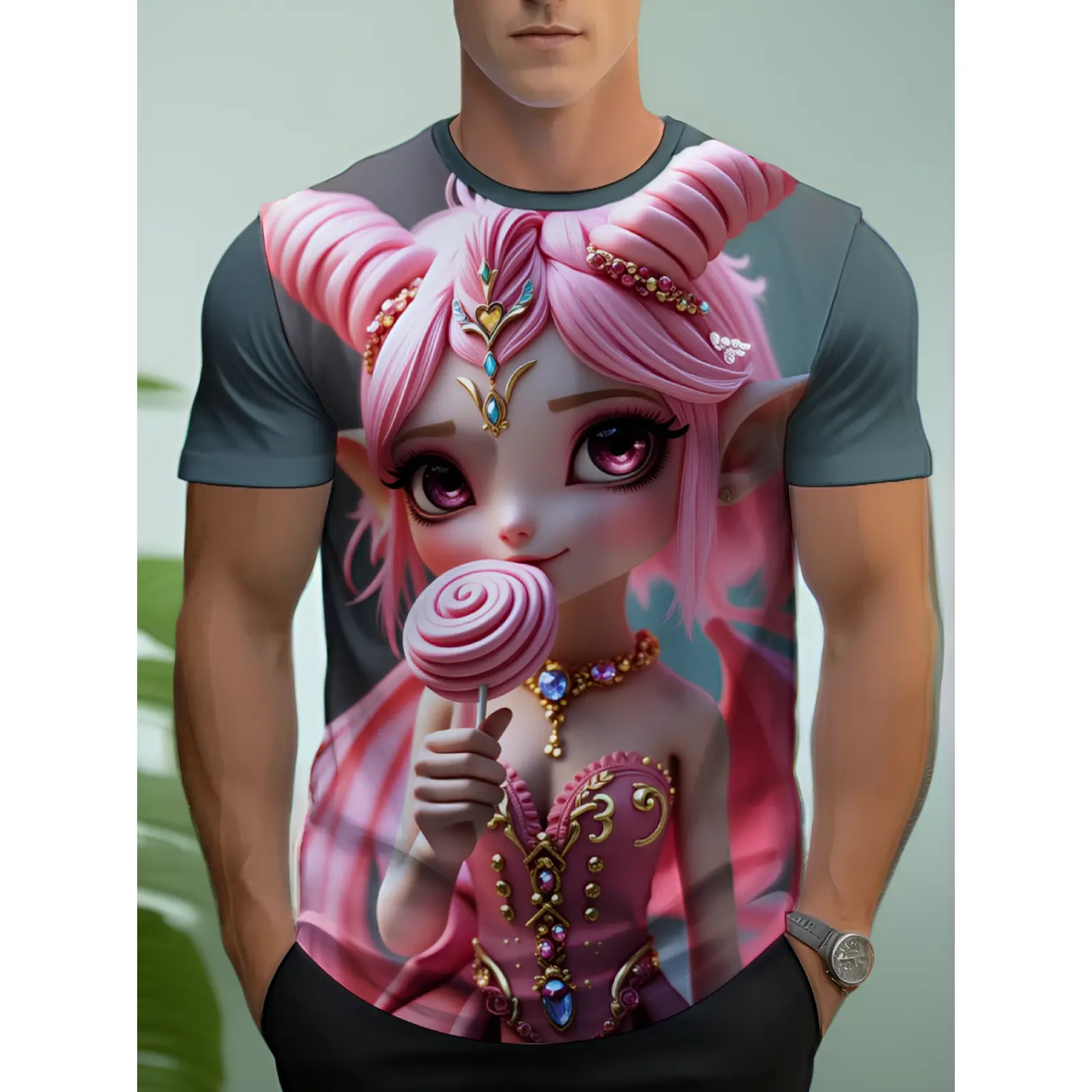 Men's Loose Fit Full-Body Pink Elf Girl Print T-Shirt - Summer Streetwear Crew Neck Top with Elf Girl, Breathable Casual Shirt Suitable for Daily Commute, Plus Size Available for Teeny-Bopper Style