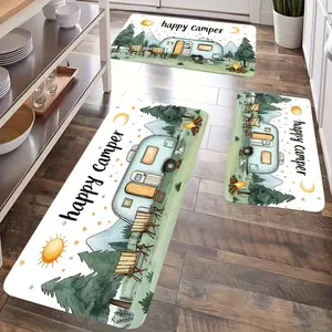 1 Piece Camping Trailer Floor Mat - Happy Camper Text, Non-Slip Kitchen Mat with Vintage Camper, Pine & Sun & Moon Design - Machine Washable for RVs, Cabins, Home Decor - Perfect Gift for Camping Lovers, Cabin Essentials, RV Travelers