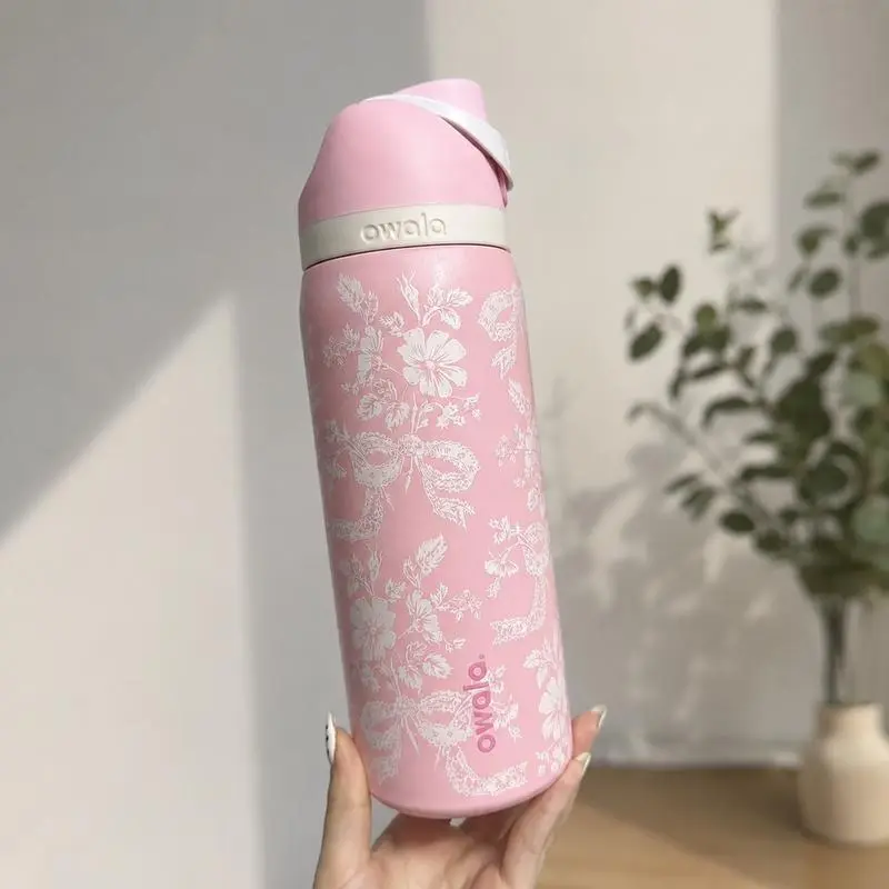 [NEW 2026] Owala Freesip Vacuum Insulated Cup, 24/32oz Girl Pink Ribbon Toile UO Exclusive Drinkware Gift Bottle