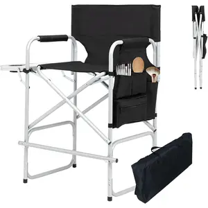 41" Directors Chair, Foldable Makeup Artist Chair for Clients with Side Table, Cup Holder, Storage Bag & Footrest, 400lbs Capacity, Black