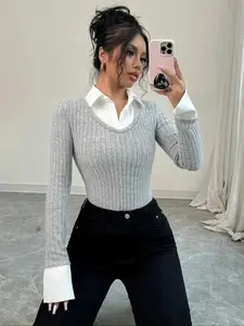 2026 Women's Faux Two-Piece Velvet Stripe Shirt Collar Top, Casual Elegant Spring & Fall Fashion, Perfect for Daily Wear, Fit