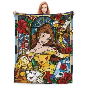 [mothers day gift ideas] DISNEY CLASSIC Beauty and the Beast Stained Glass Print Throw Blanket - Featuring Belle, Lumiere, Cogsworth & Enchanted Rose, Soft Warm Fleece Blanket for Kids Adults