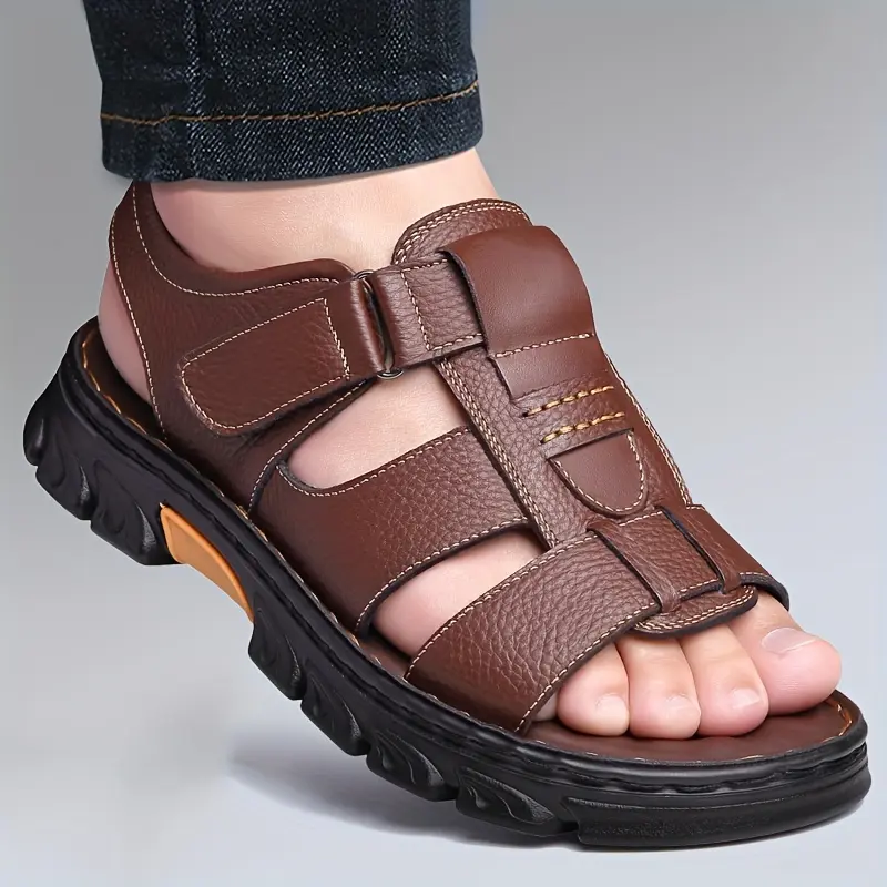 Men's Cow Leather Sandals, Solid Color Casual Open-Toe Beach Footwear with a Non-Slip Sole and Hook and Loop Closure