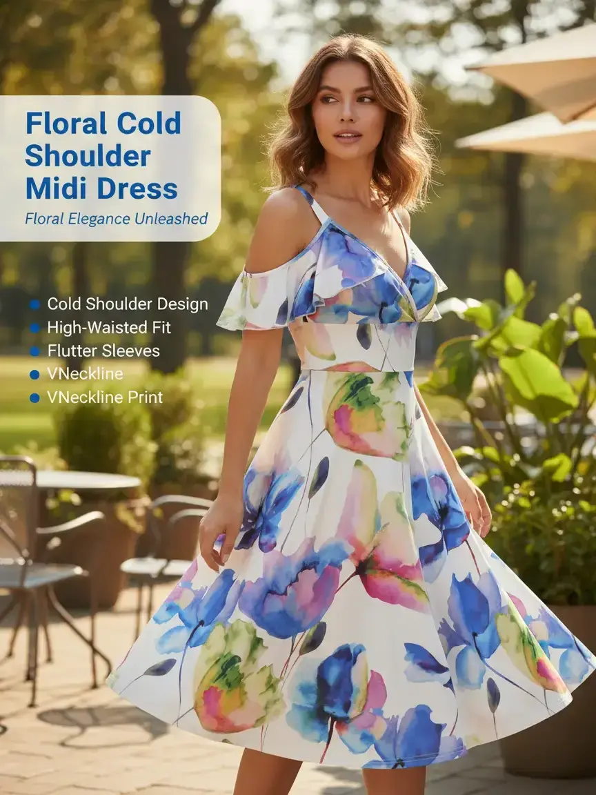 Rgothic Women's Floral Printed Cold-Shoulder High-Waist A-Line Mid-Length Dress, Flutter Sleeves, V-Neck, Polyester-Polyurethane, Classy Comfortable Microfloral Casual Dress for Spring & Autumn, Flowers, Classy Casual Dresses backtoschoolshopping