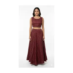 #K20 Maroon Windowpane Lehenga Set (2-Piece)