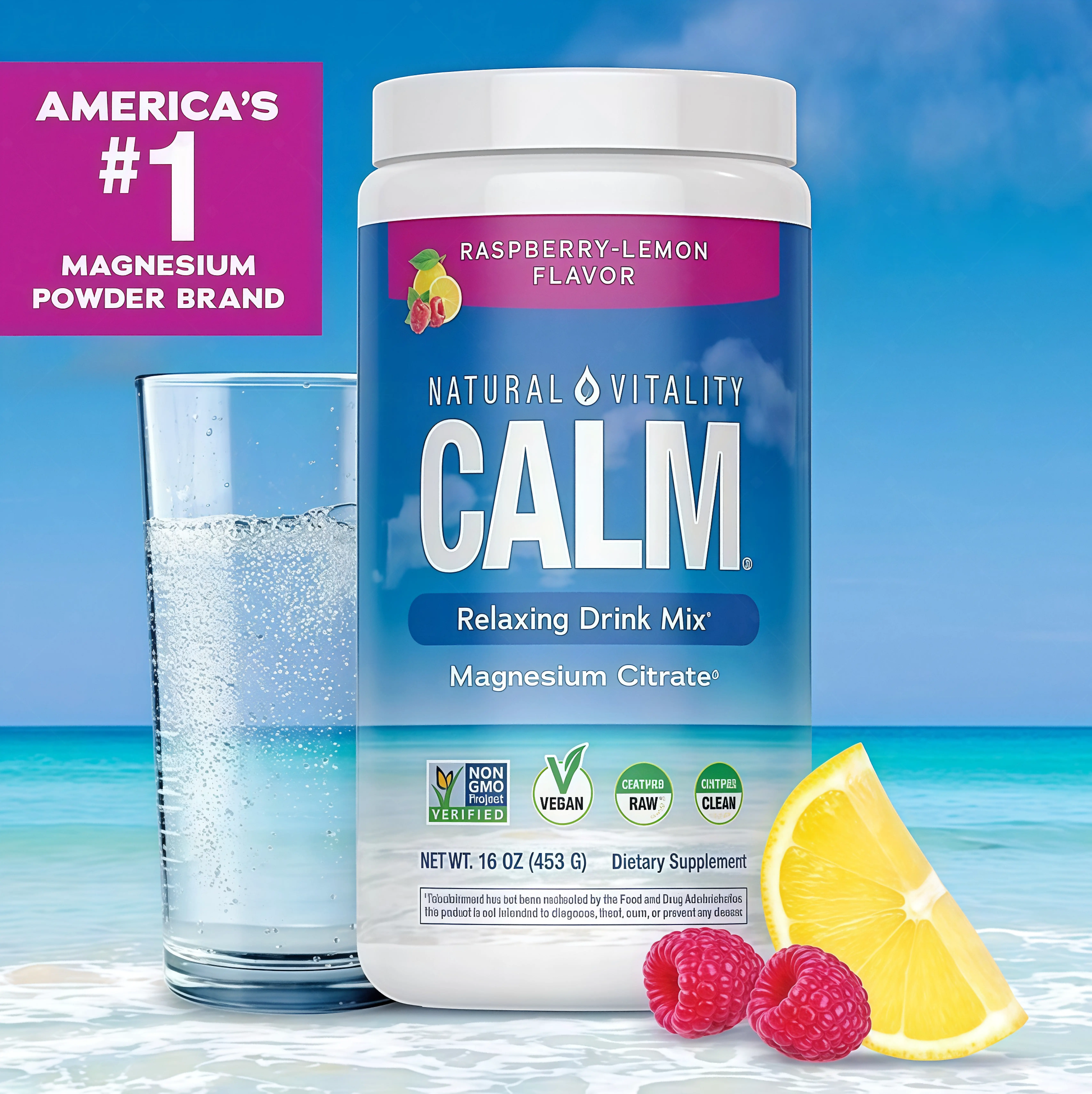 MaxCalm Relaxing Drink Mix LK- Anti Stress Drink Mix - With Ionic Magnesium Citrate + Glycinate - Raspberry Lemon Flavor - 16 oz (453 g) - 113 Servings