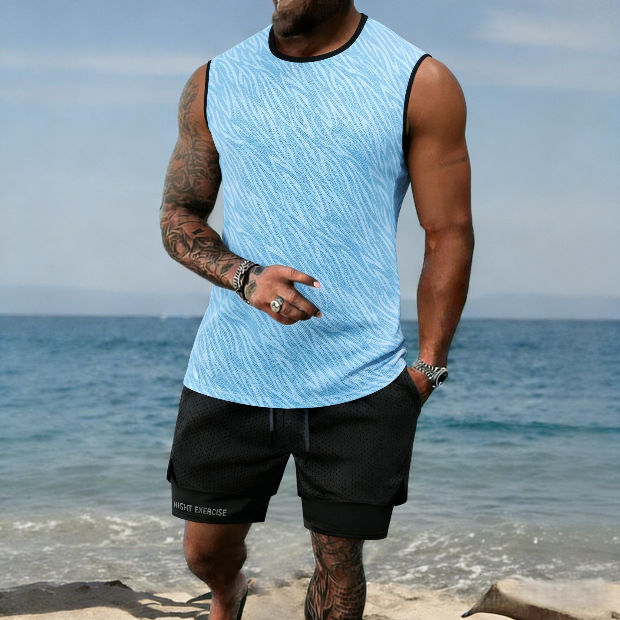 Men’s printed tank top and shorts set, regular fit casual quick-dry sweat-wicking breathable sleeveless top with shorts combo, summer men’s apparel set