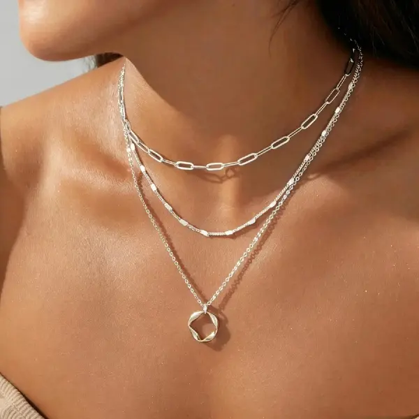 Exquisite Silver Plated Geometric Type Layered Necklace with Irregular Group, 14.89+1.97 inches Long and 3mm Wide,Handcrafted Polishing and Multiple Electroplating Daily Wear Necklace, Valentine's Day Gift