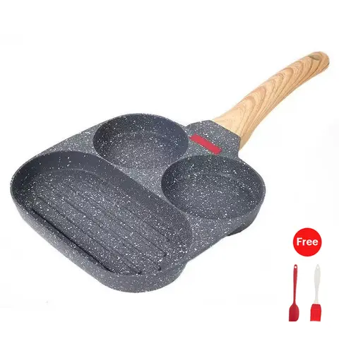 3-Hole Nonstick Egg Frying Pan - 3-in-1 Compact Breakfast Skillet with Oil-Saving Design, Ergonomic Heat-Safe Handle, Brush & Flip Kit (Silicone Spatula, Pastry Brush) for Dorm Room Cookware