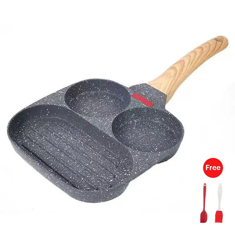 3-Hole Nonstick Egg Frying Pan - 3-in-1 Compact Breakfast Skillet with Oil-Saving Design, Ergonomic Heat-Safe Handle, Brush & Flip Kit (Silicone Spatula, Pastry Brush) for Dorm Room Cookware