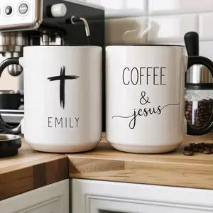 Personalized Coffee And Jesus Mug – Christian Faith Cup With Name – Cross Mug Gift For Her, Religious Gift, Morning Prayer Mug