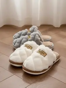 Women's Warm Plush Checkered House Slippers, Lined Slippers – Fluffy Home Slippers Classic Color Block Cozy Indoor Shoes with Faux Rabbit Fur Lining, Letter Design, Soft Non-Slip Sole, Comfortable Home Footwear & Perfect Gift, Fuzzy House Shoes