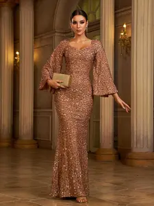 Elegant Sequin Toast Dress Mid-Length Slimming Solid Color V-Neck Evening Dress for Women Long Sleeve Vneck Formal Wear