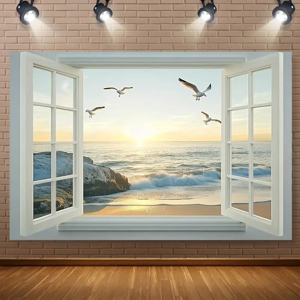 1pc 2D Flat Polyester Coastal Backdrop - Ocean Scene, Sunset, Seabirds Window View, Ideal for Photo Booths, Room Decor, No Power Needed