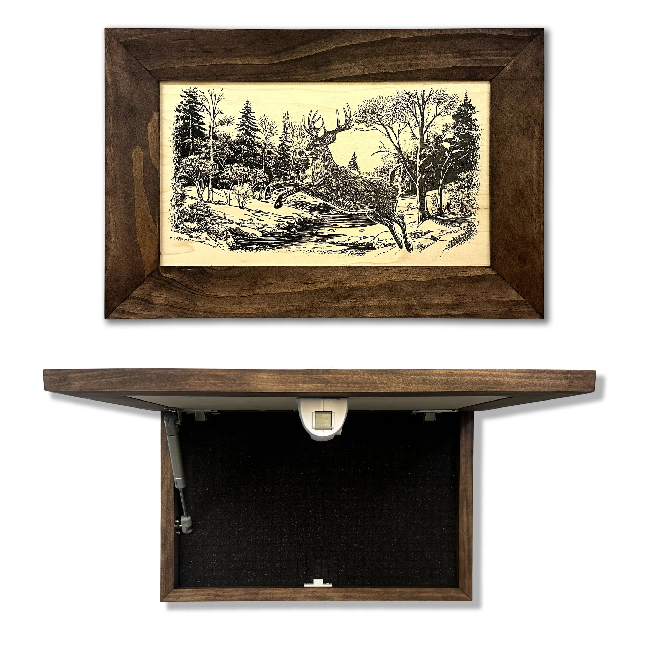 Leaping Deer Gun Concealment Furniture - Handcrafted Hidden Gun Storage Wall Decor - Hidden Safe Furniture with Magnetic Lock for Quick Access - Made in USA