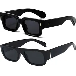 2Pcs Thick Frame Square Sunglasses for Women Men Chunky Rectangle Sun Glasses Black Shades UV400 Protection