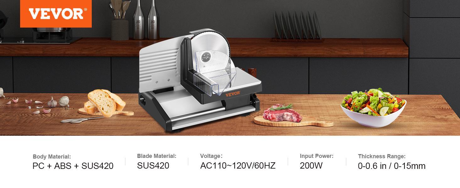 VEVOR Meat Slicer, 200W Electric Deli Slicer, with Two 7.5" Stainless Steel Removable Blade, 0-15mm Adjustable Thickness for Home Use, Food Slicer Machine for Meat Cheese Bread