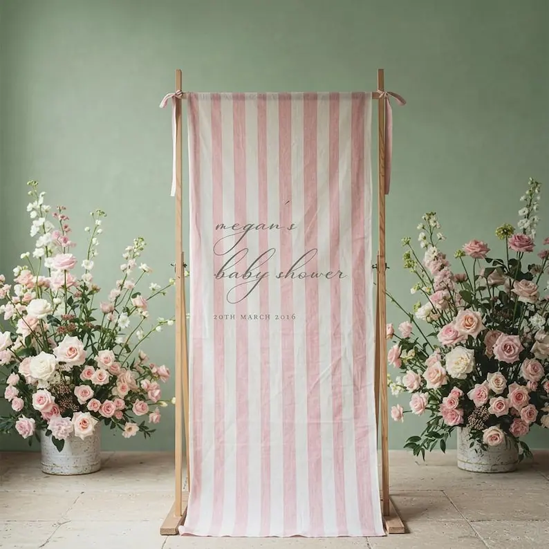Personalized Baby Shower Banner, Pink Striped Cotton Linen Sign, Custom Baby Girl Shower Backdrop, Elegant Baby Shower Welcome Sign, Fabric sign