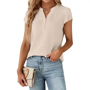 Women's Dressy Casual Tops Business Work Blouses White Button Down Shirts Cap Sleeve V Neck Tshirt