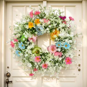 Fall Floral Wreath with Hanger, 17.72 Inch Artificial Flower Door Wreath, Colorful Faux Greenery Wreath for Front Door, Porch, Mantel, Fireplace, Wall & Farmhouse Home Decor