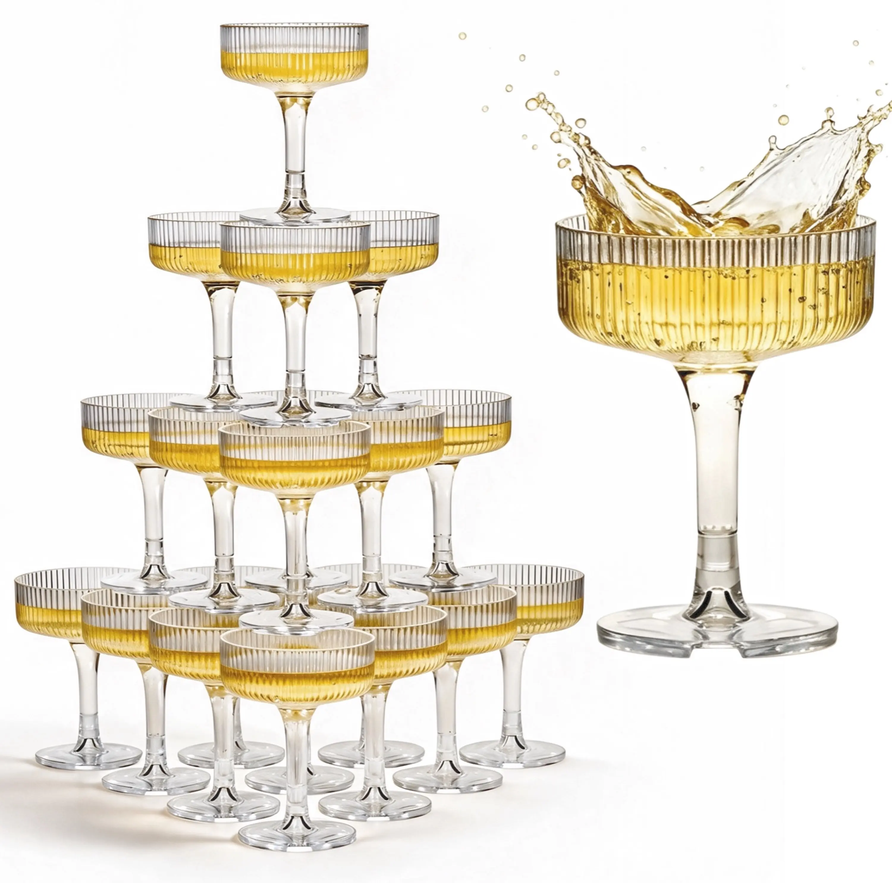 KSESTOR Sturdy Clear Plastic Champagne Tower Set - 21-Piece 7oz Classic Ribbed Reusable Acrylic Shatterproof Coupes, Drinkware for Wedding, Anniversary Celebrations