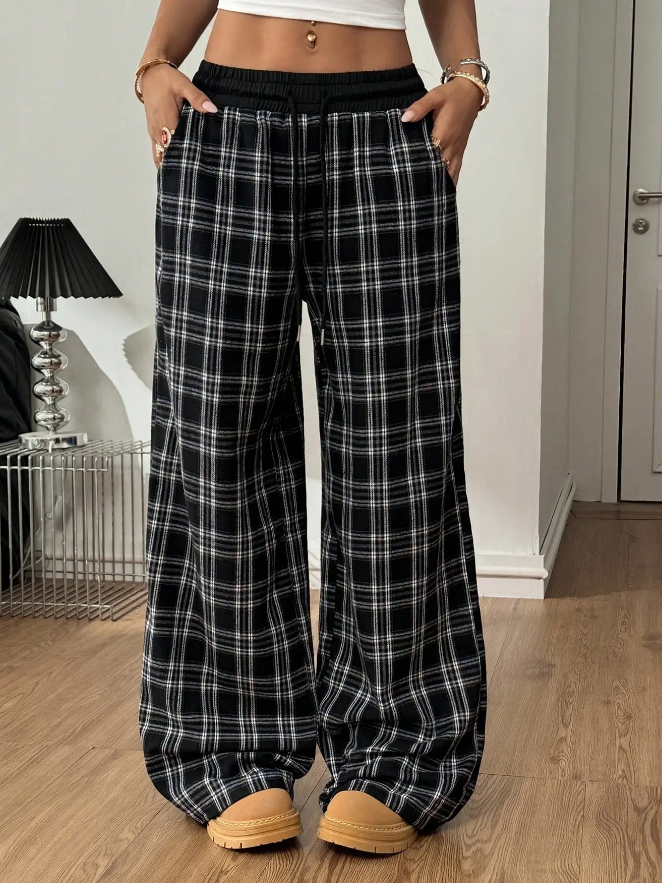 Women's Plaid Wide Leg Pants, Loose Fit Slimming Versatile Drawstring Elastic Adjustable Waist Casual Fashion Trousers, Comfortable Home Wear, Casual Lounge Pant