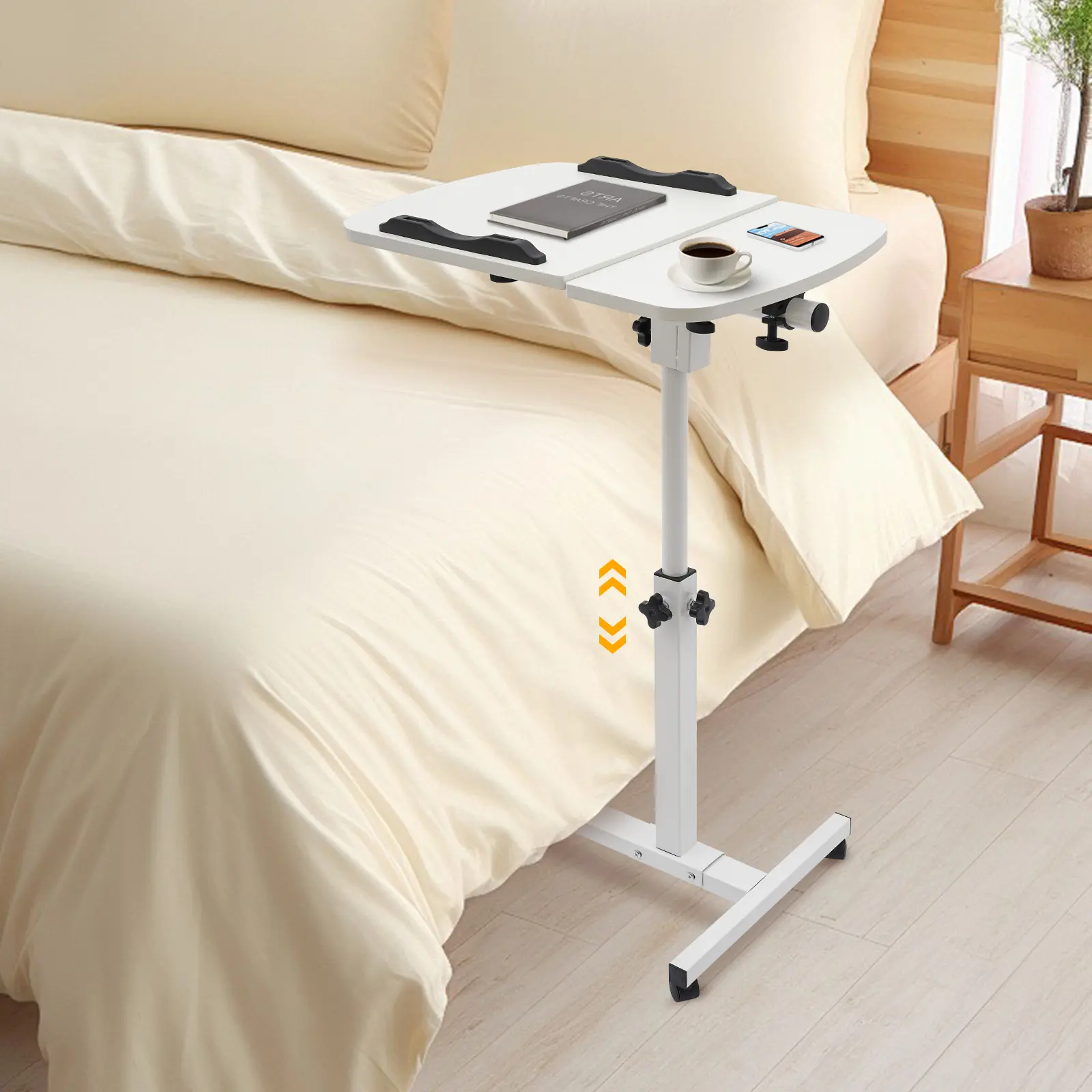 Height Adjustable Rolling Laptop Desk with Wheels & Brakes, White Mobile Computer Workstation with Side Tray for Office Study Bedroom Modern