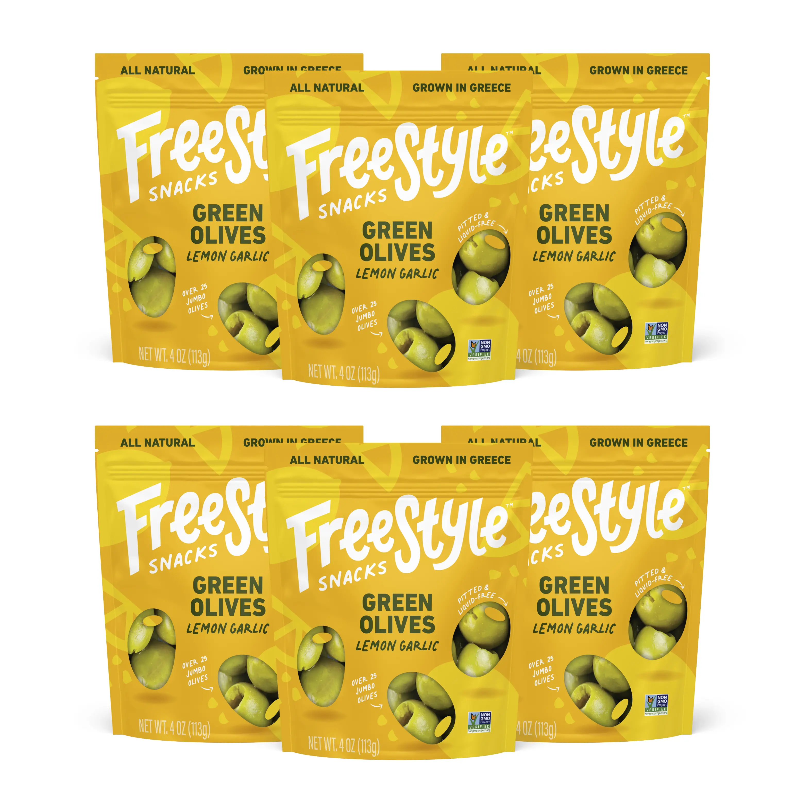 Freestyle Snacks - Pitted Olive Snacks - 6 bags - Lemon Garlic - Tangy flavor - All Natural - Made in Greece - Easy Snack