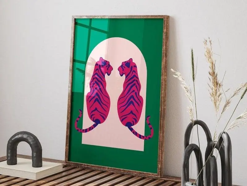Boho Year of Tiger Poster  Minimalist Green & Pink Wall Decor- [No Frame]