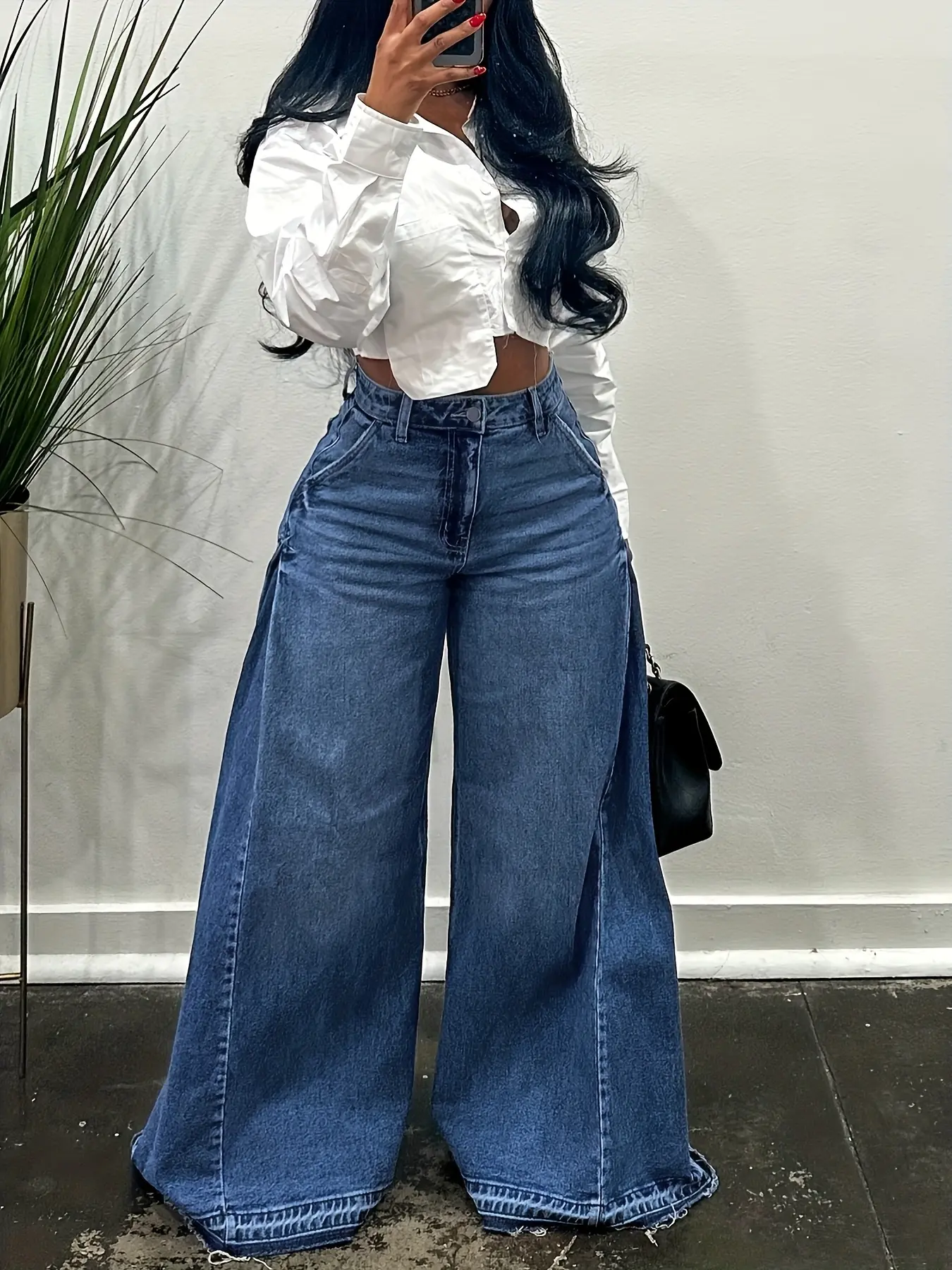 Women's Rayon MotionKiller Casual Elegant Basic Denim Wide Leg Long Jeans - Streetwear Bottoms with Pocket, Baggy, Button Fly, Full Length, Woven, Loose