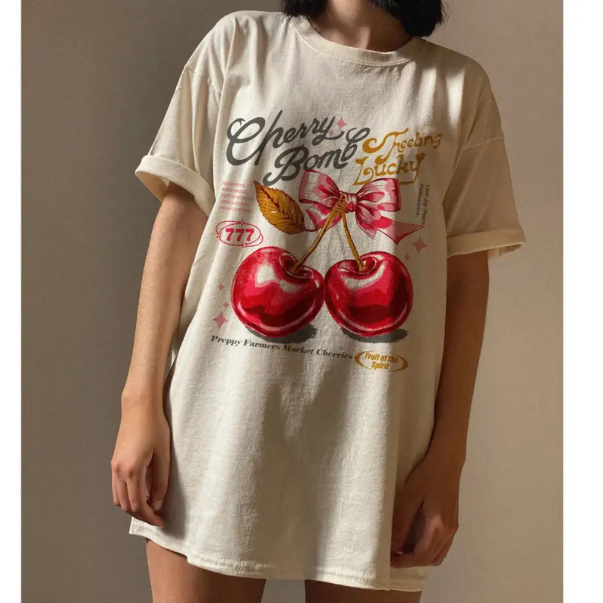 Men's Oversized 100% Cotton Graphic Tshirt - Vintage Lucky Cherry Print, Casual Streetwear Top, Sizes S-5XL, Breathable, 3Xl, Cute, T-Shirt, Soft, Baggy, Fabric, Casual Fit, All Season, Basic, Short Sleeve