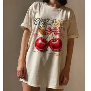 Mens Oversized Baggy Soft Round Neck Tshirt - Vintage Retro Lucky Cherries Theme, Fruit of the Spirit Print, Breathable Fabric, Menswear Streetwear Casual Top