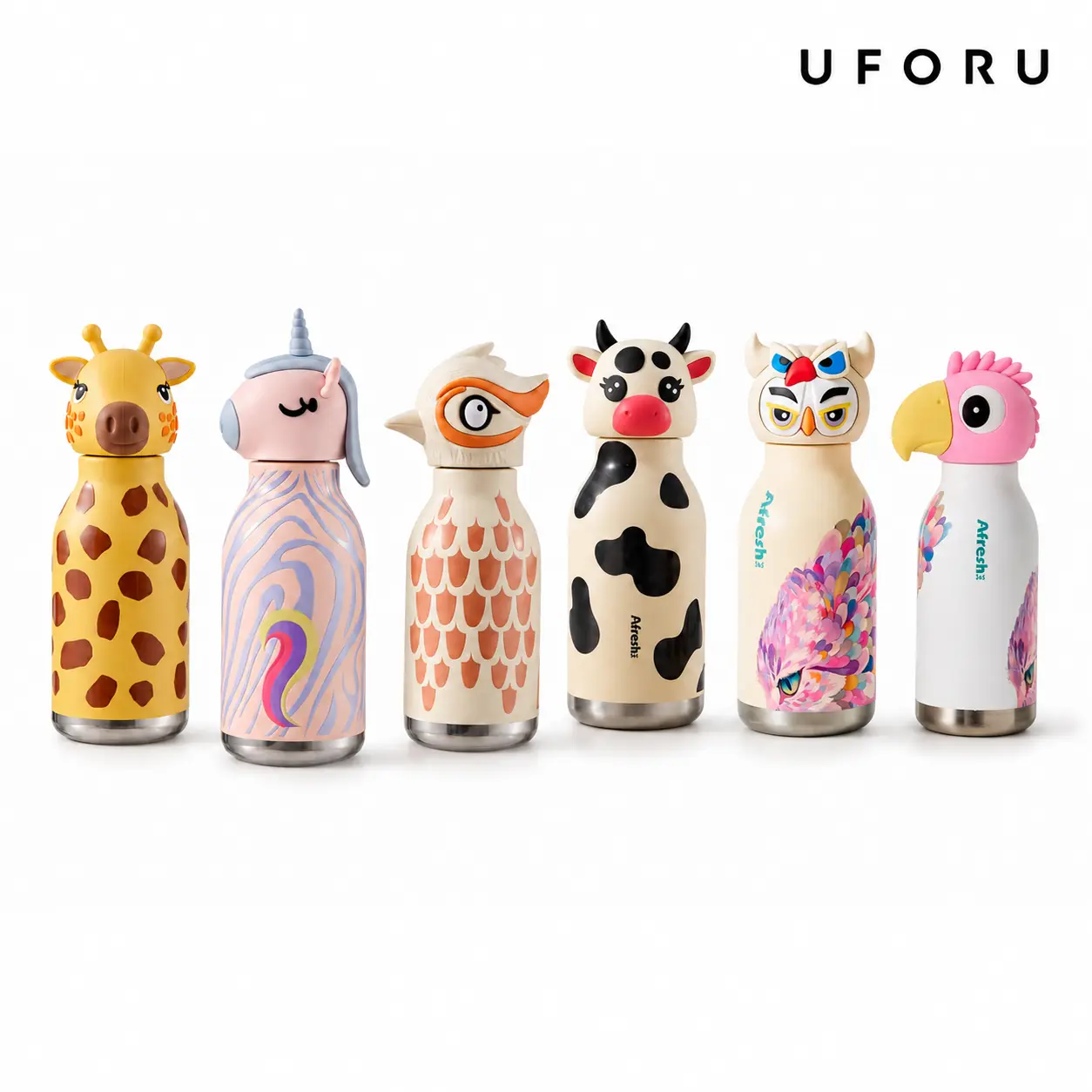 UFORU Kids Insulated Portable Tumbler with Straw & Lid, Leakproof 316 Stainless Steel Vacuum Flask, Cute Designs (Cow, Unicorn, Chick Cup, Parrot, Owl, Giraffe) for School & Travel, Back to School, Flasks, Drink