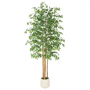 5ft/6ft/7ft UV Resistant Artificial Ficus Tree with White Planter, Real Wood Trunk Fake Tree, Realistic Faux Plants for Indoor Outdoor Home Decor, No Maintenance All Season Use