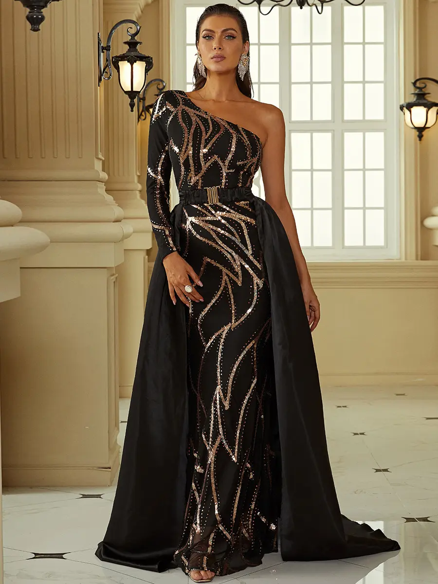 Elegant Banquet One-Shoulder Long Sleeve Cape Train Bridesmaid Dress Evening Gown for Women in Black Classic & Chic Formal Wear Elegant Banquet One-Shoulder Long Sleeve Cape Train Bridesmaid Dress Evening Gown for Women in Black Classic & Chic Formal Wear