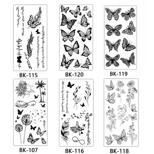 6pcs Black flower and butterfly personalized niche tattoo stickers, women's feathers, dandelions, small flowers, temporary DIY water transfer printing tattoo, girl's hand back body art