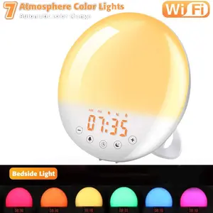 Multifunctional Smart WiFi Voice Control Digital Sunset Alarm Clock with Sunrise Natural Wake-up Light 7 Color 8 Natural Sounds for Heavy Sleepers Home Bedside Desktop Aesthetic Clock for Table
