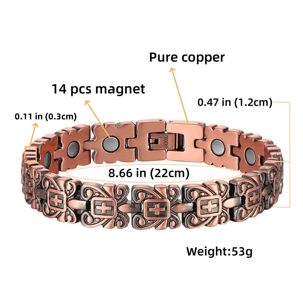 Unisex Pure Copper Magnetic Chain Jewelry Bracelet, Retro Link Style with 14 Magnets, Adjustable Up to 22cm with Free Sizing Tool, Chain Jewelry Bracelets & Bangles, 53G, Strong Magnet, Customizable, Magnetic Energy