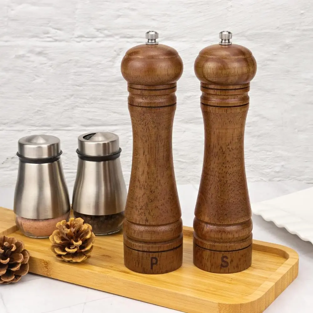 2 pcs Wood Pepper Grinder Set Adjustable Ceramic Rotor Stainless Steel Grinder Salt Mill Pepper Grinder Set for Your Kitchen