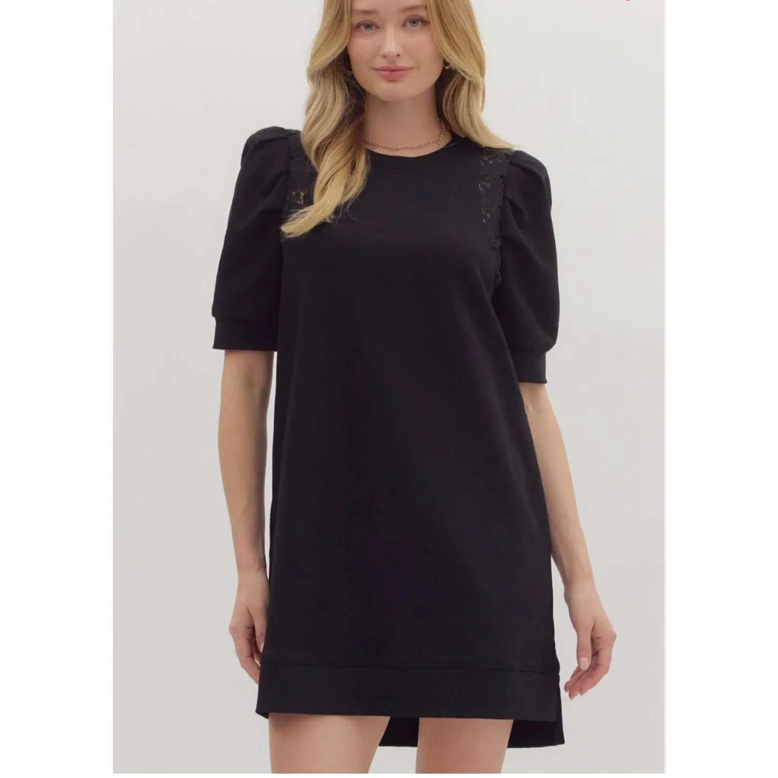 Entro Black Mini Dress with Accented Puff Sleeves