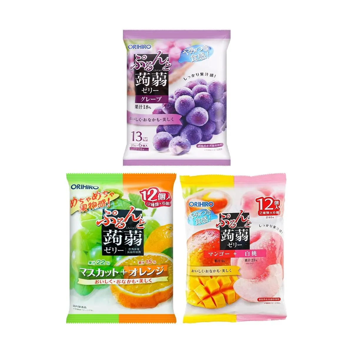 3 Pack ORIHIRO Konjac Jelly 5 Flavors Mango White Peach Muscat Orange Grape - Japanese Fruit Jelly Snack, 0 Fat Low Calorie, 21.16 oz Each
