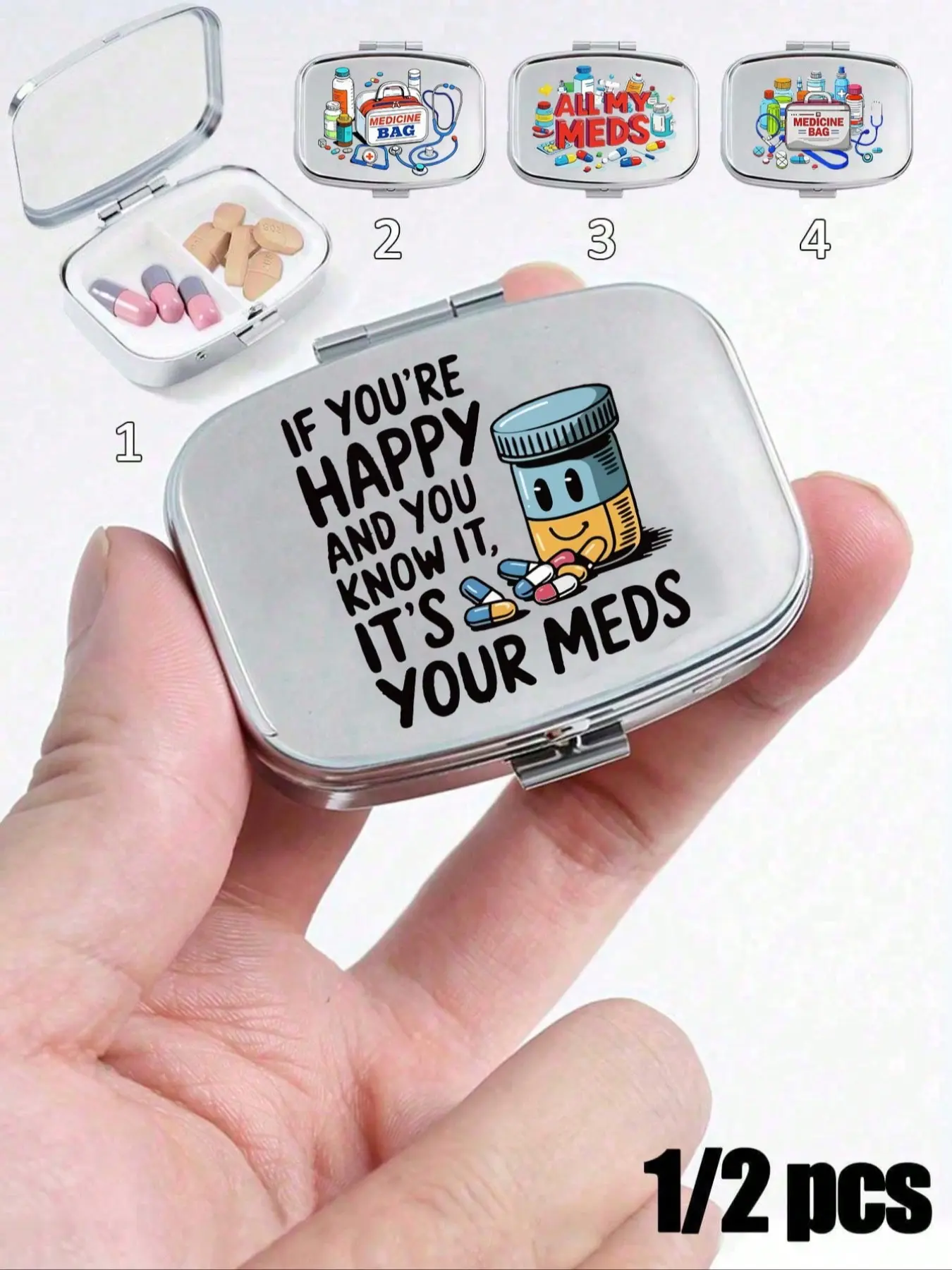 Cute Letter Series Pill Bottle, Two Compartment Portable Pill Storage, Mini Metal Organizer, Medicine Organizer, Back-To-School Gift with Cartoon Logo