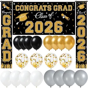 WOHOHOHO 23Pcs Graduation Decorations 2026 Set, Black Gold Porch Door Sign GRAD Banner, Class of 2026 Backdrop, 5 Colors Large Balloons, Party Supplies for High School College Indoor Outdoor Decor