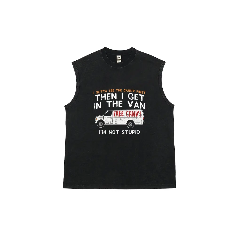 Vintage Washed Men’s Sleeveless Vest, Funny Dark Humor Graphic Tank, “I Gotta See The Candy First” Casual Cotton Top, Trendy Streetwear Gift for Him